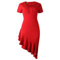 Large Size Drawstring O-neck Ruffles Red Irregular African Women Dress